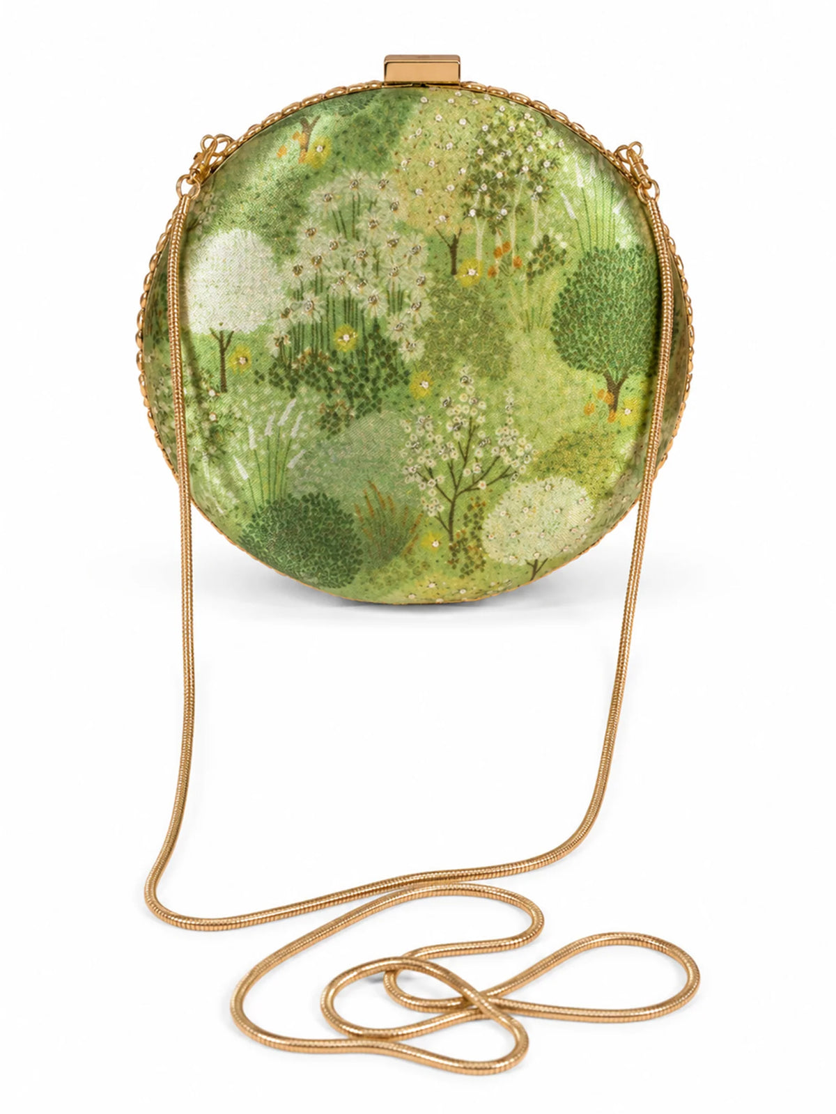 Green Forest Print Round Clutch Bag with Monkey Motif & Beaded Tassels