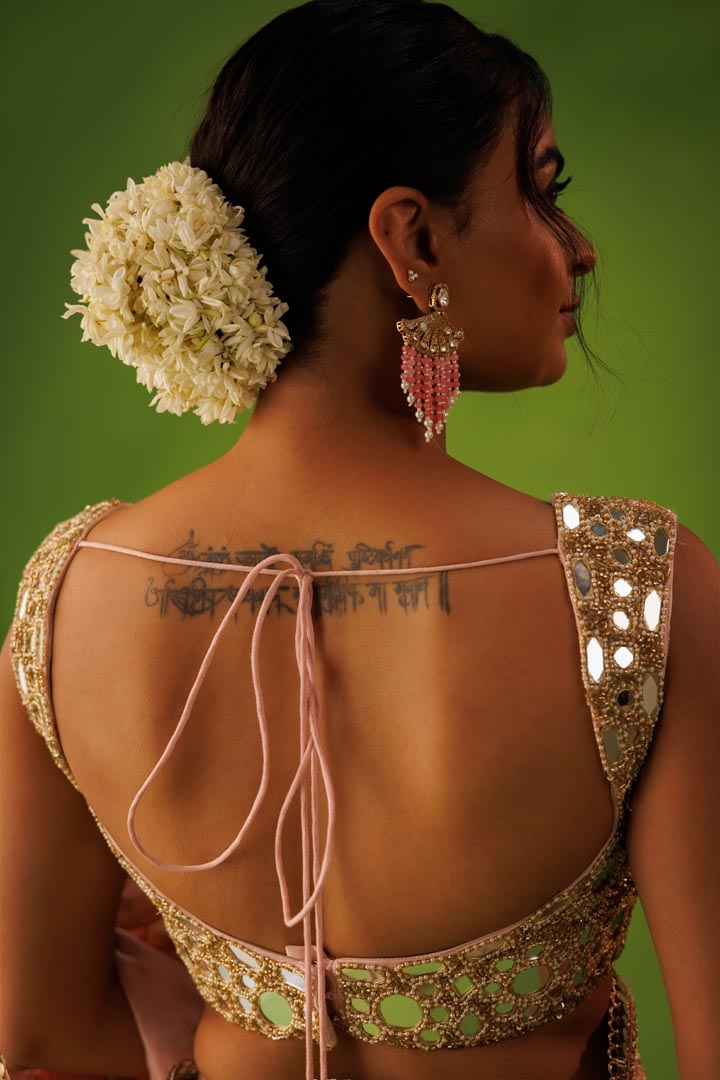 Baby pink mirror work saree set