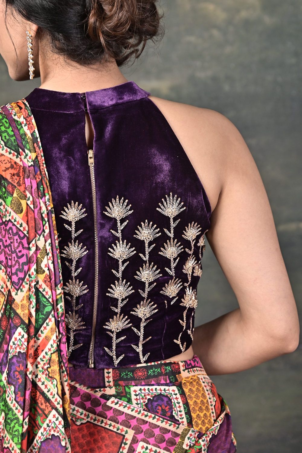 Hand-Embroidered Halter Neck Velvet Blouse with Pure Silk Jharokha Pre-Draped Saree