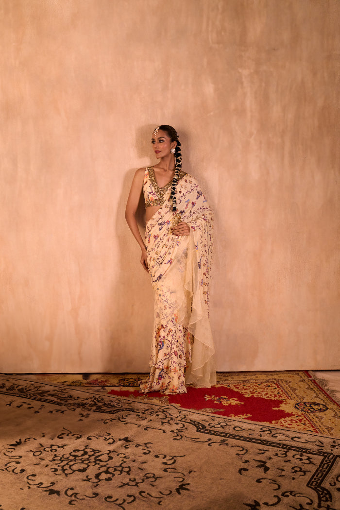 IVORY PRINT EMBROIDERED CHOLI WITH PRE DRAPED RUFFLE SARI SET - image 7