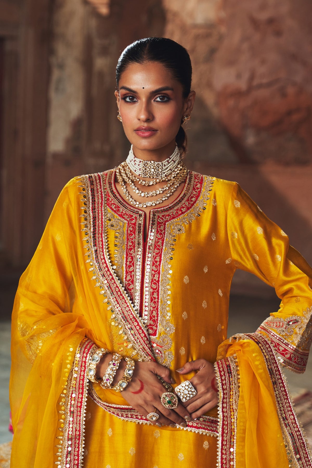 Mustard Long Kurta Set with Palazzo & Silk Organza Dupatta