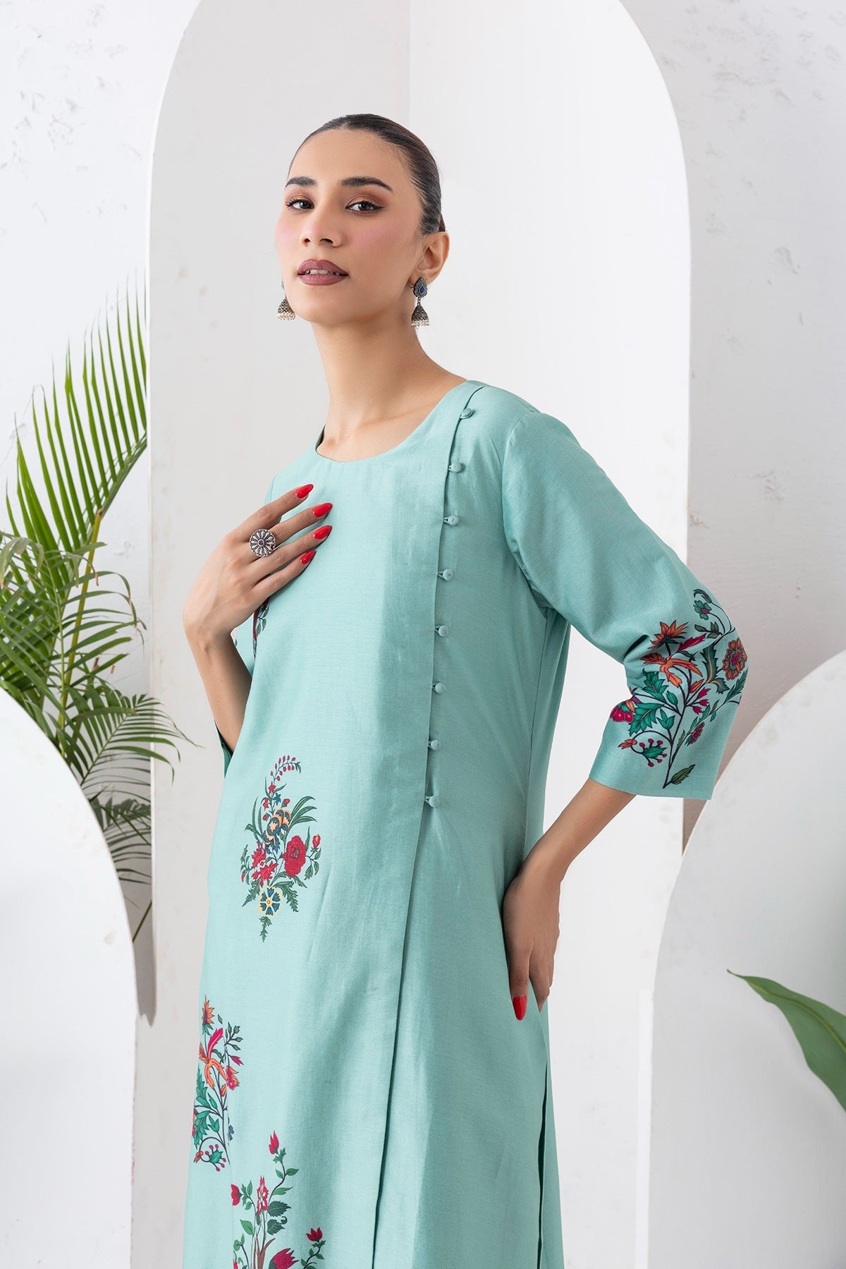 Mint Silk Chanderi Floral Boota Printed Dress Set (2 PCS)