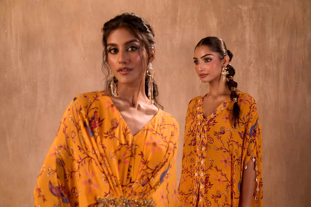 YELLOW PRINT EMBROIDERED LONG KAFTAN WITH PANTS SET - image 7