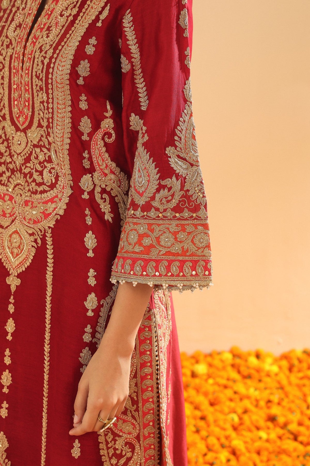 Rua - Deep Red Long A-line Kurta with Palazzo and Dupatta