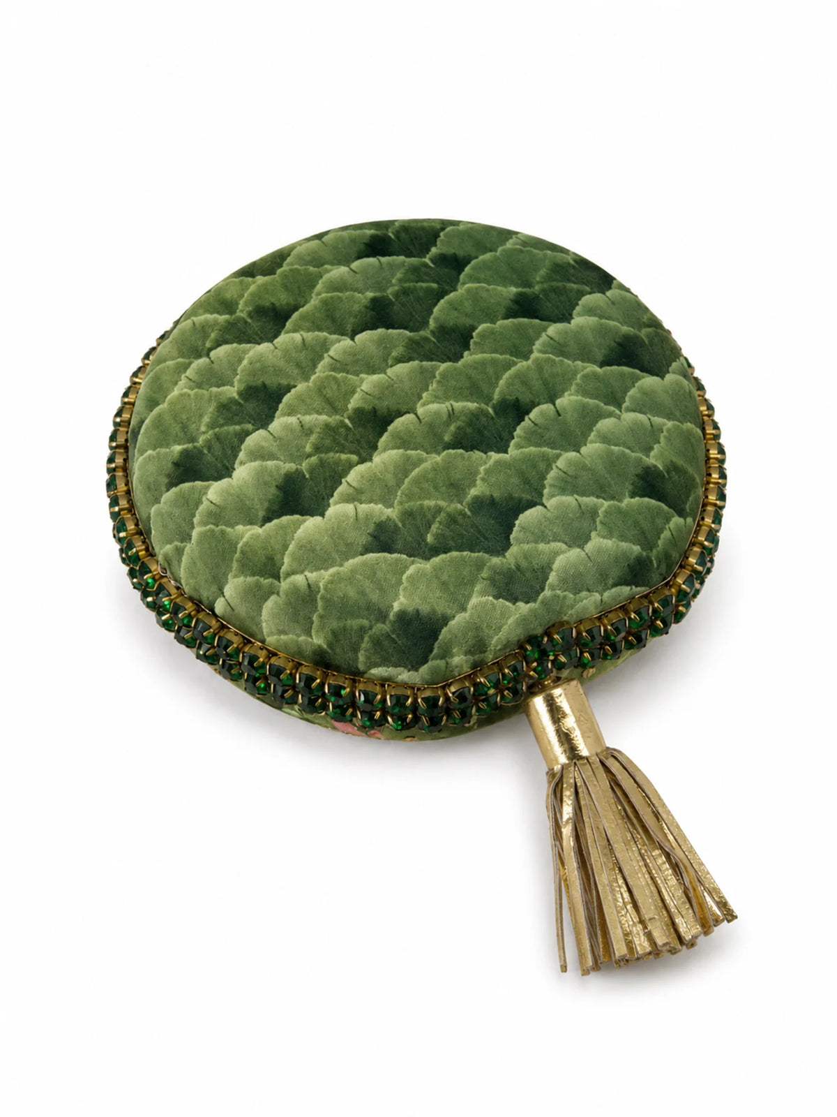 Green Lotus Print Round Clutch Bag with Shehzada Portrait & Tassel