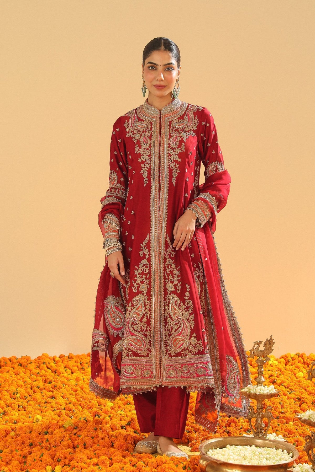 Minara - Deep Red Long A-line Jacket with Pant and Dupatta