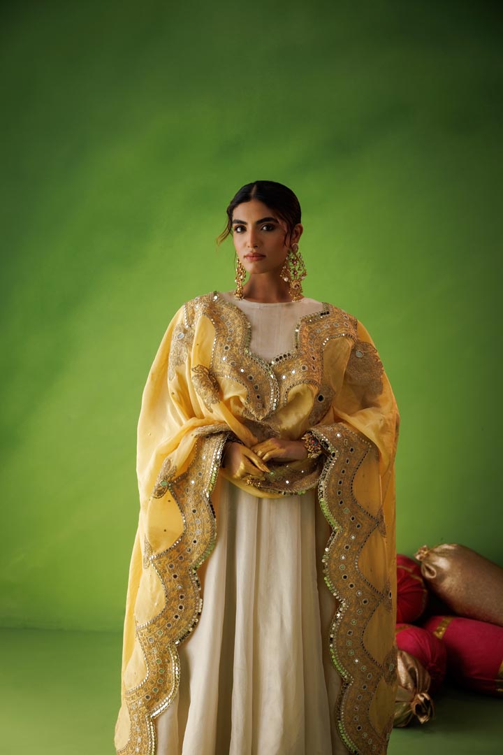 Beige tissue anarkali with yellow dupatta