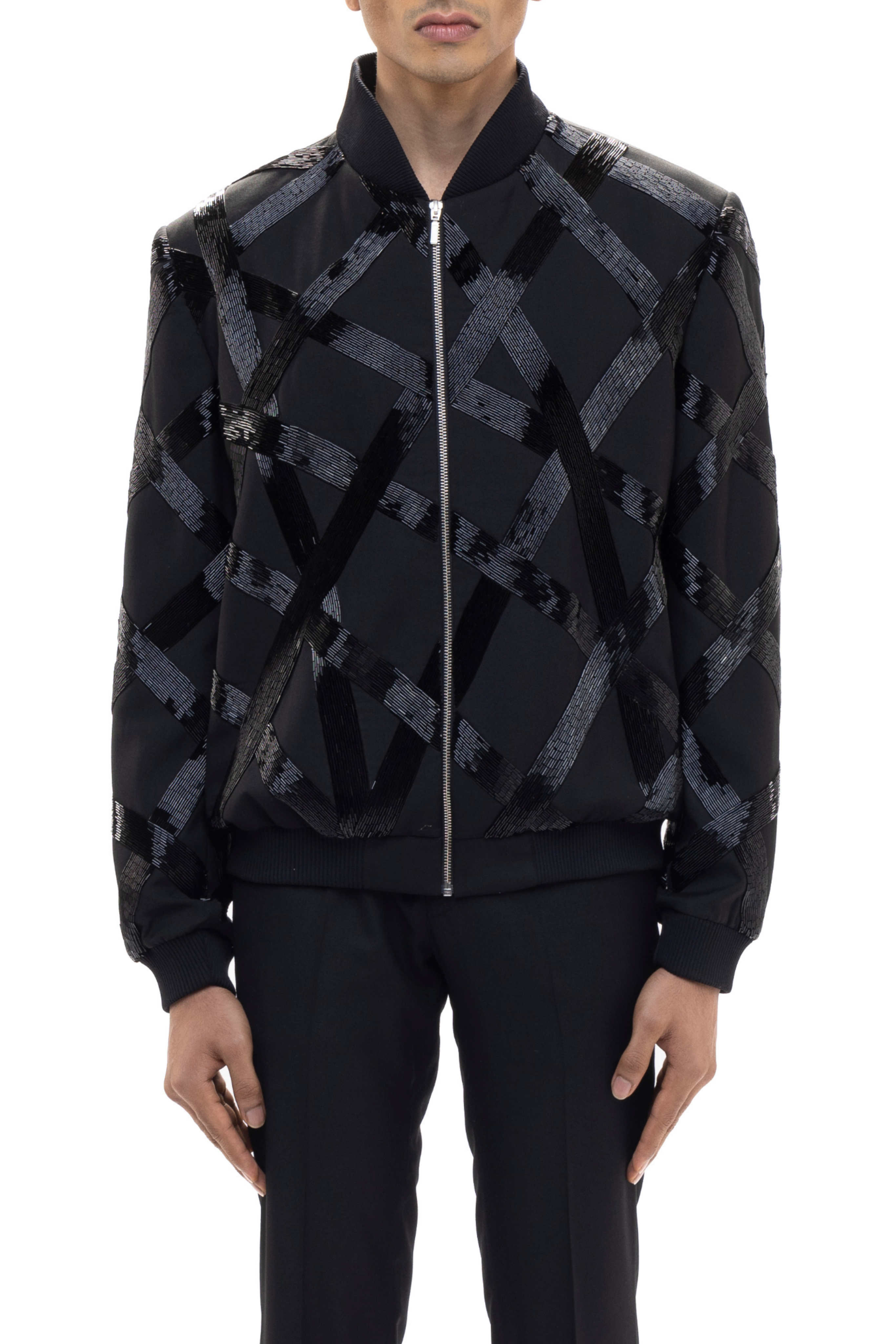 Black Metallic Worsted Wool Embroidered Bomber Jacket