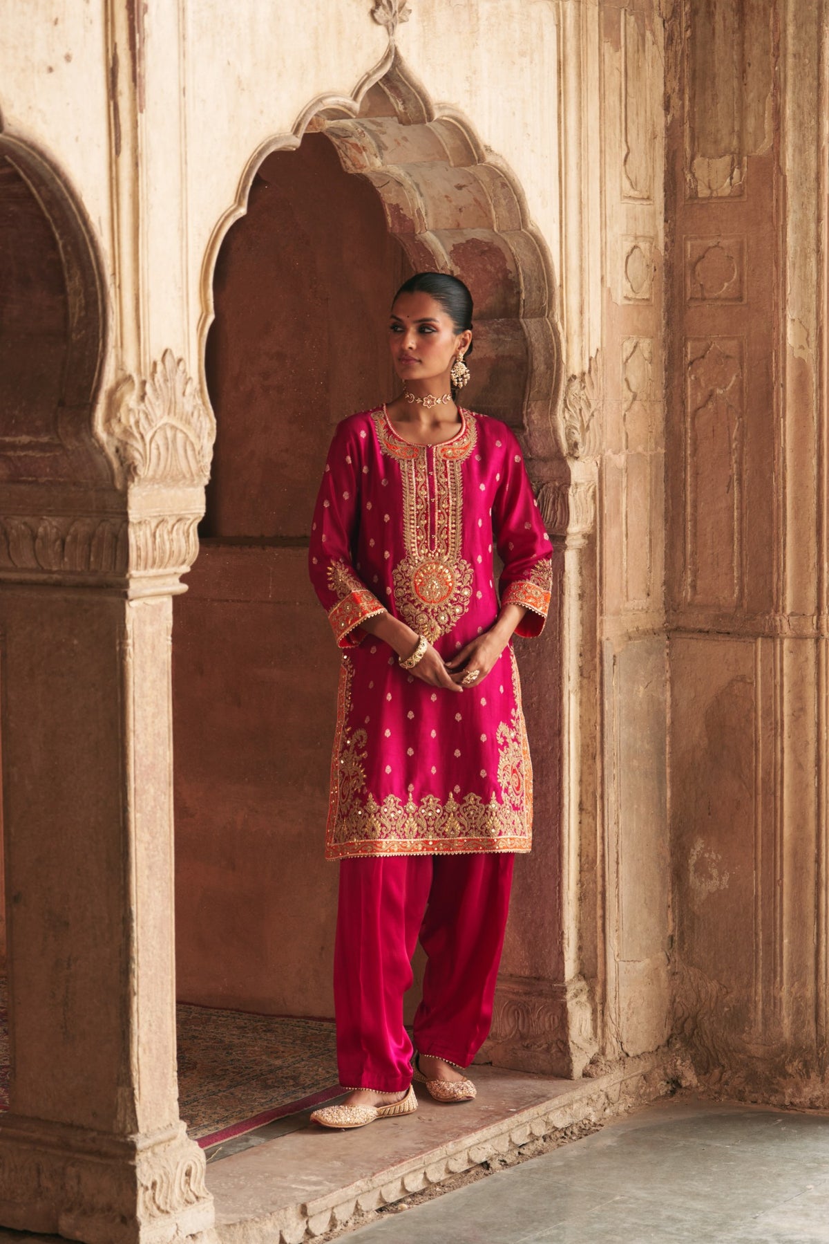 Hot Pink Silk Chanderi Banarasi Short Kurta with Dogri Salwar