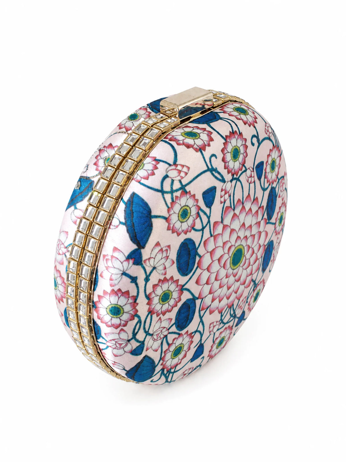 Pink Pichwai Lotus Embellished Round Clutch Bag with Beaded Handle