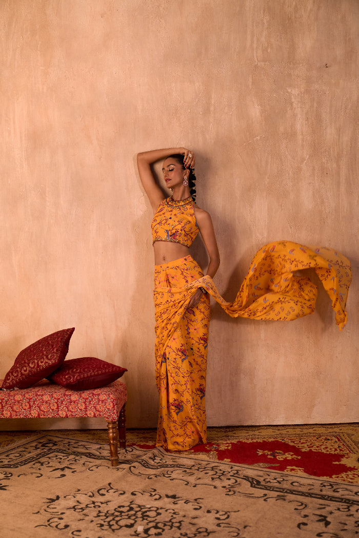 YELLOW PRINT EMBROIDERED HALTER CHOLI AND PREDRAPED SARI SET - image 7