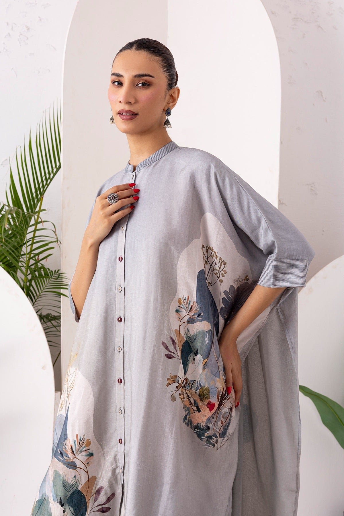 Grey Viscose Dupion Printed Kaftan Style Dress Set (3 PCS)