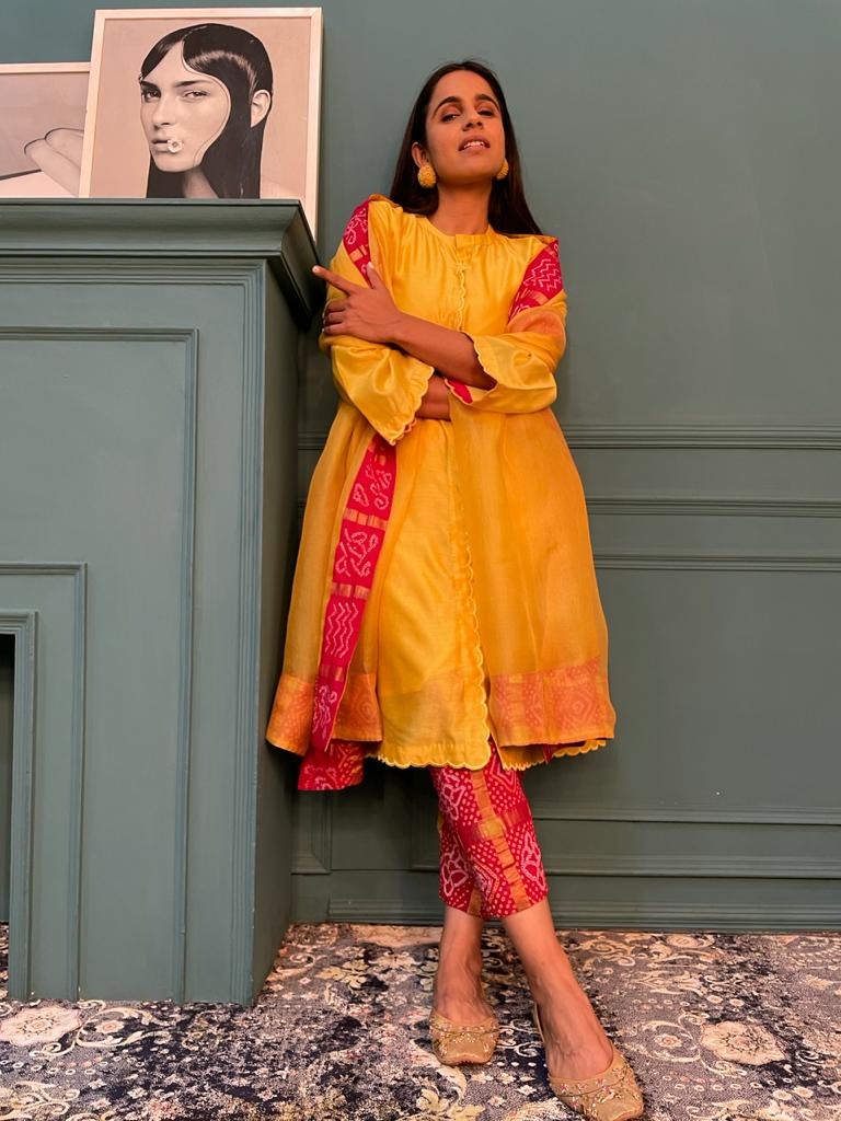 chanderi kurta with beautiful lotus embroidered motifs and gharchola pants