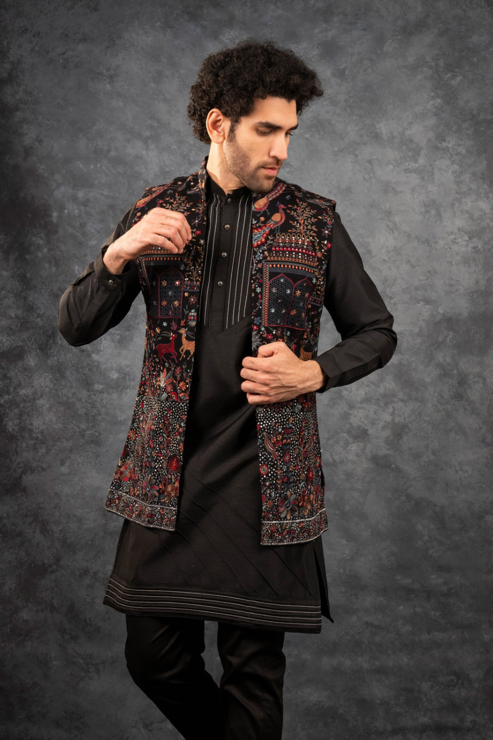 Black silk koti set with multicolour resham embroidery and sequins work