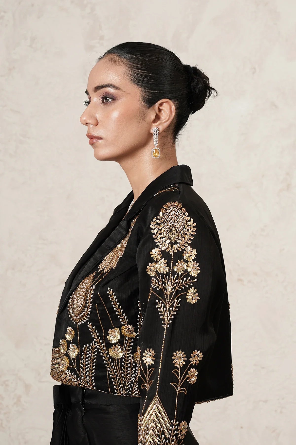 Raat Dhoti Saree Set with Hand-Embroidered Cropped Jacket | Black & Antique Gold | Women | THETAA
