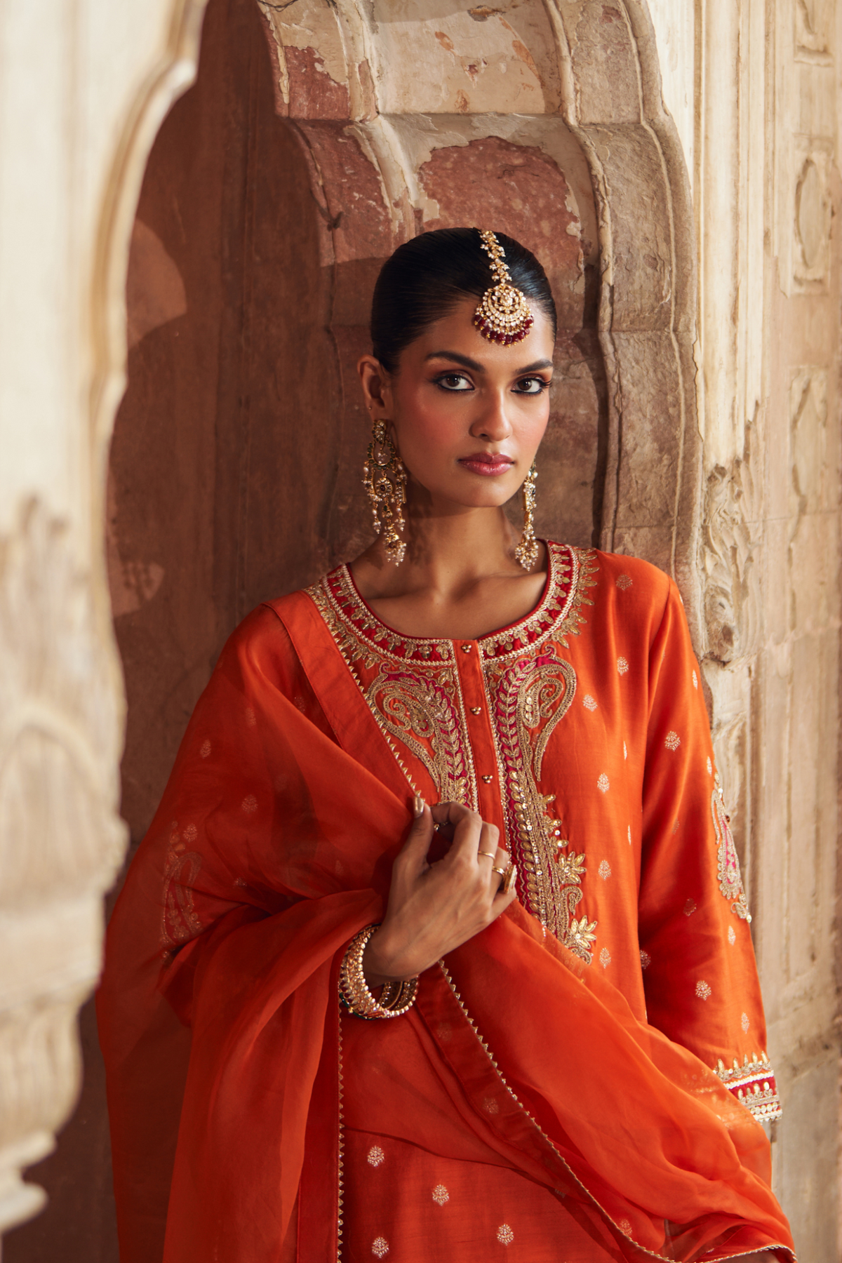 Burnt Orange Chanderi Silk Short Kurta with Dhoti Salwar Set