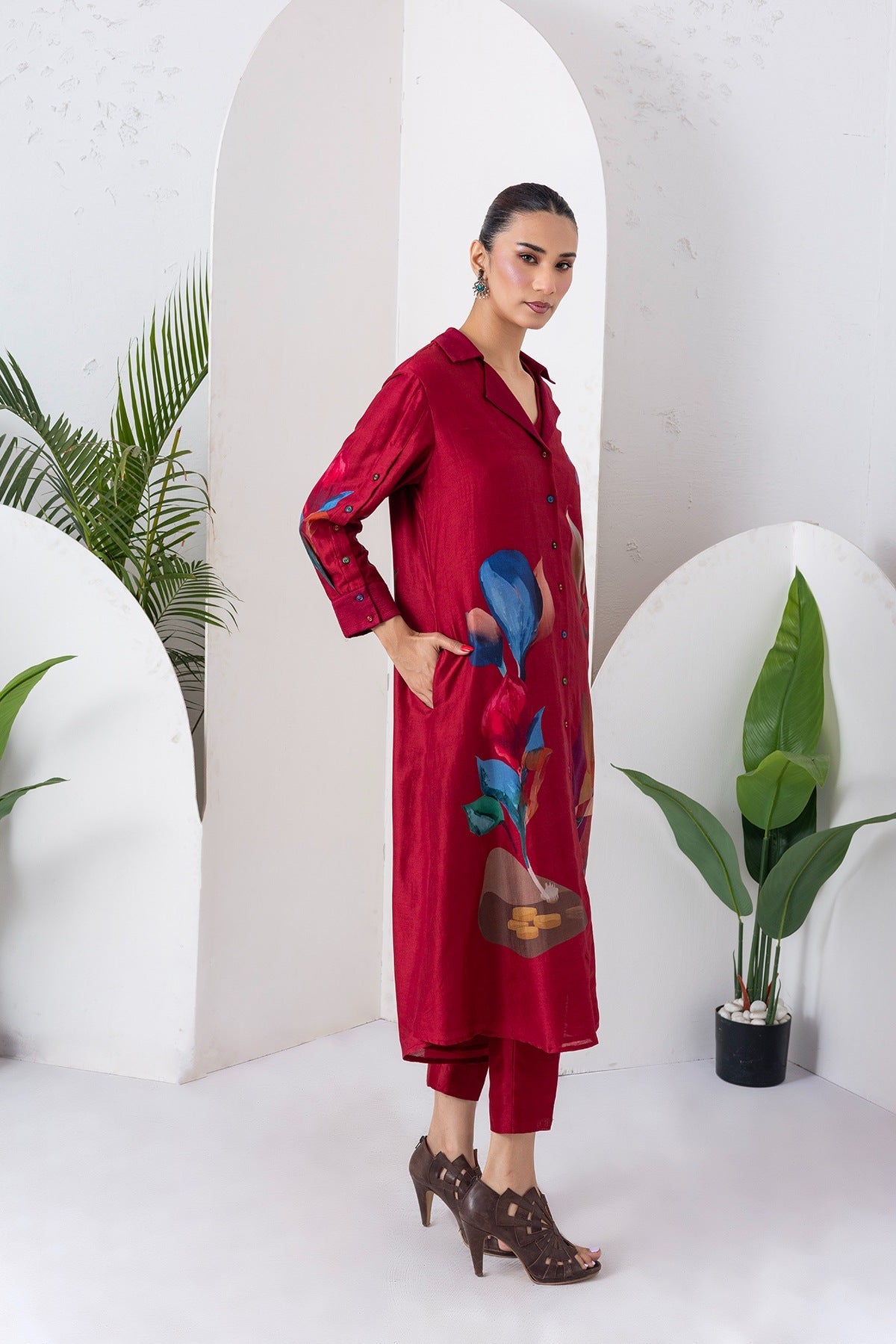 Red Viscose Dupion Printed Front Open Dress Set (3 PCS)