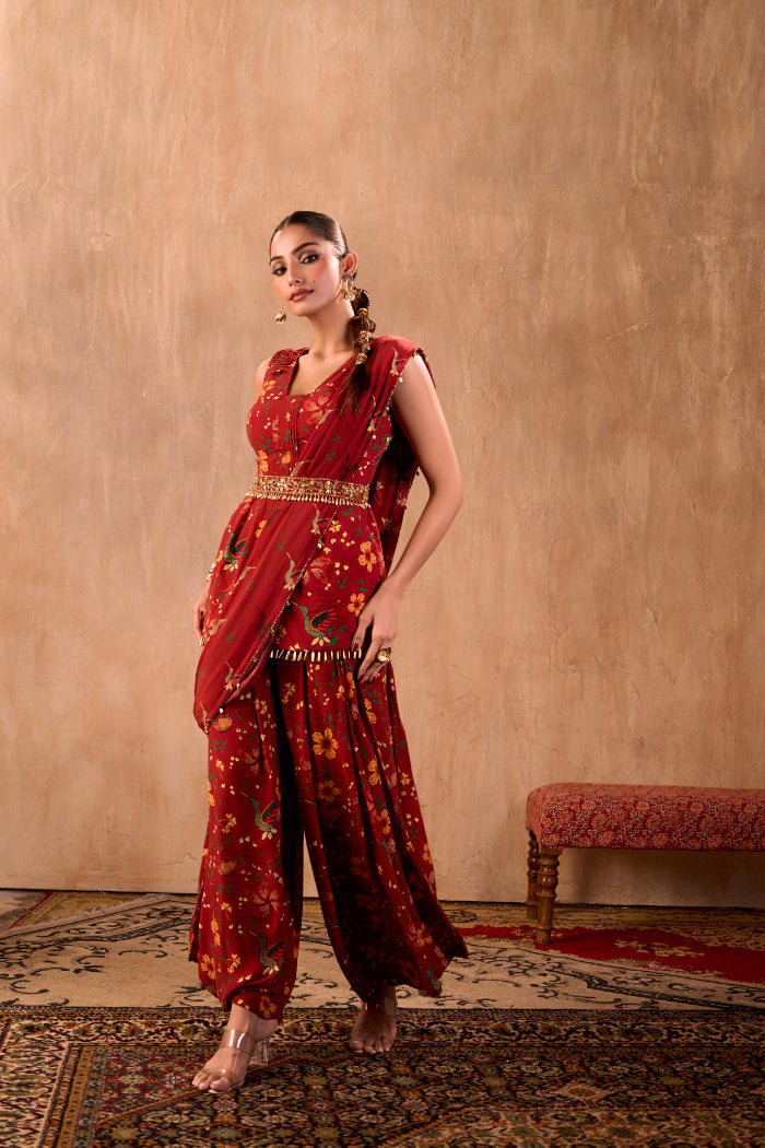 RED PRINT EMBROIDERED PEPLUM TOP, DRAPED PANTS, DRAPE AND BELT SET - image 7