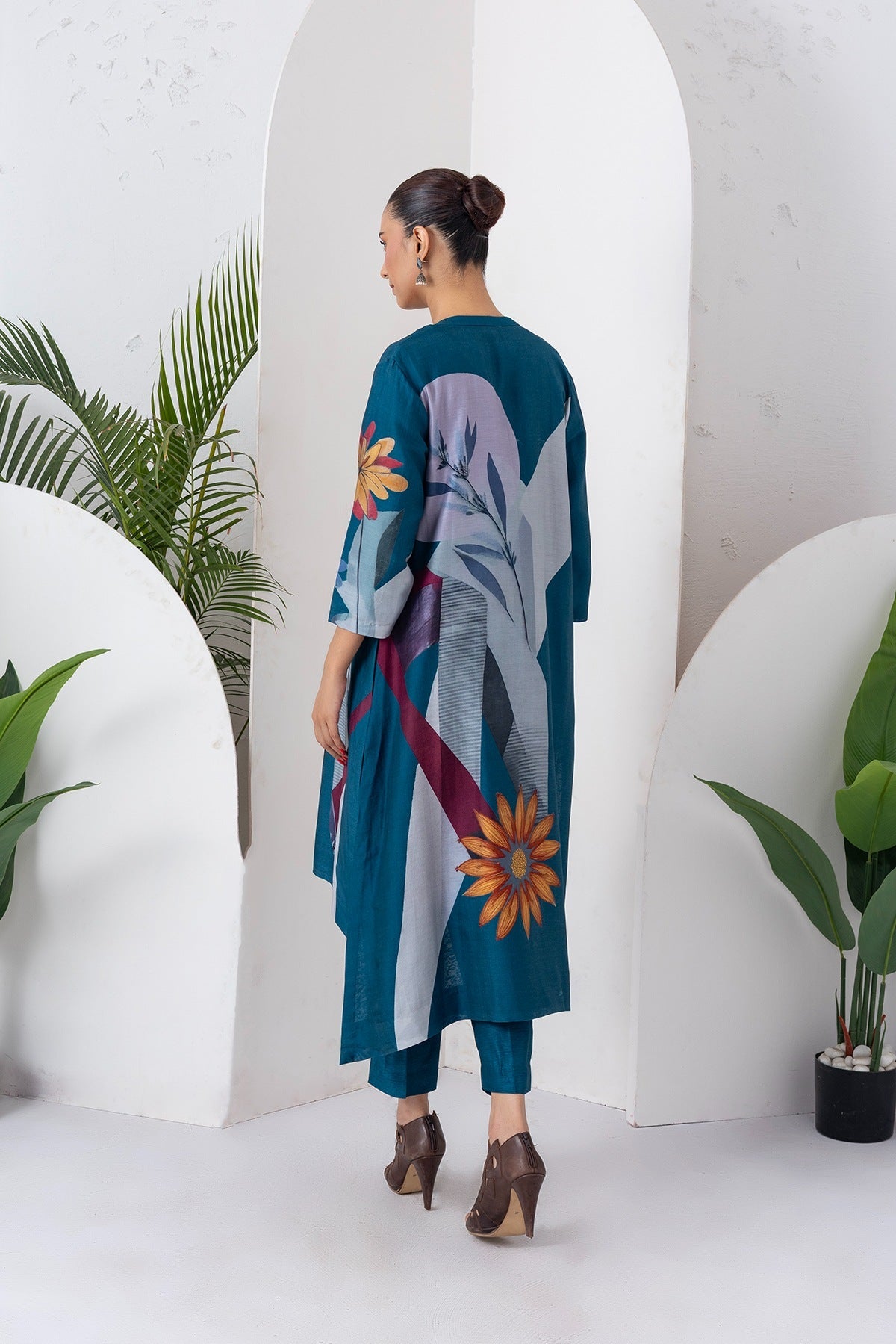 Indigo Silk Chanderi Printed High-Low Dress Set (3 PCS)