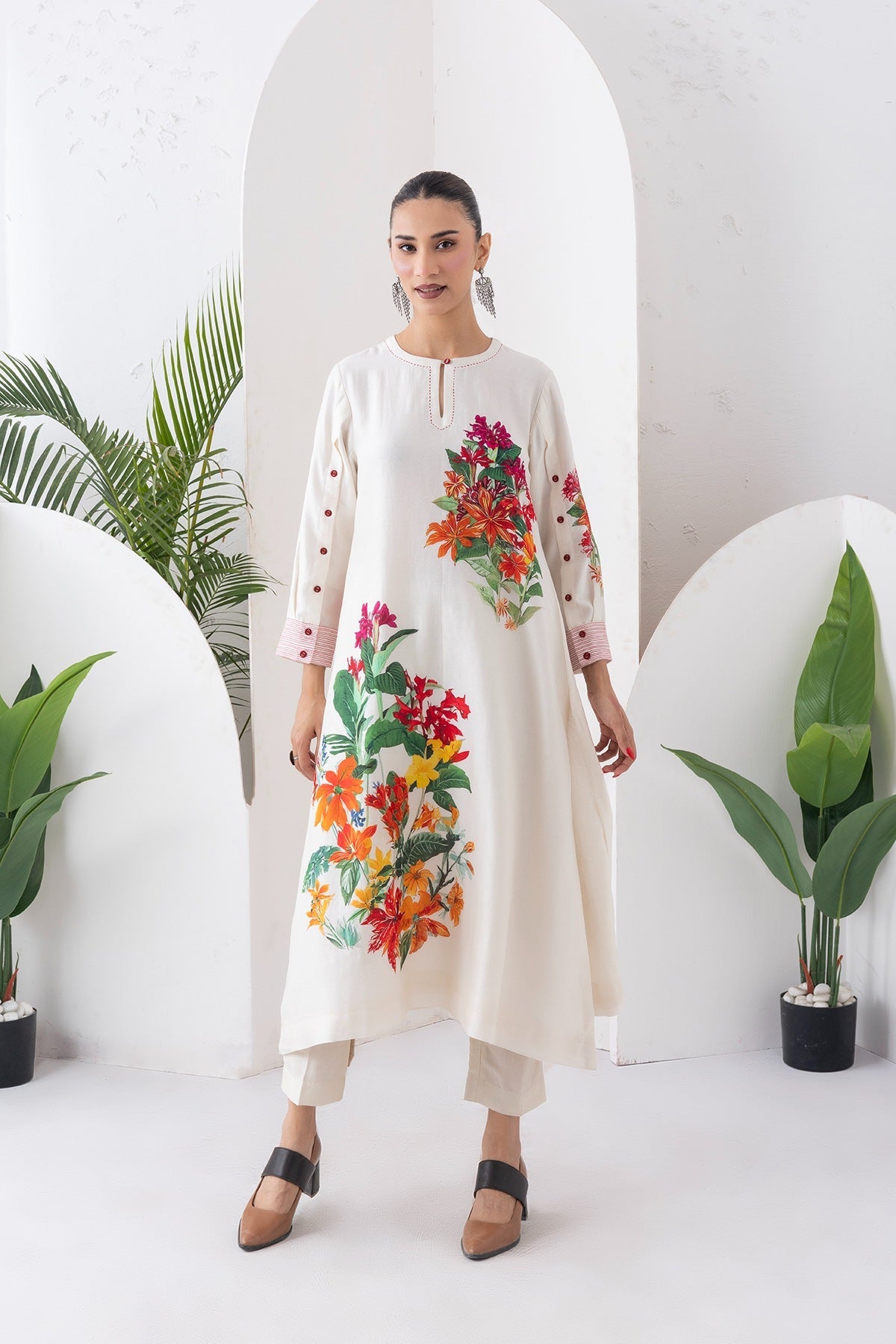 Ivory Silk Chanderi Tunic With Artistic Floral Placement Prints Set (2 PCS)