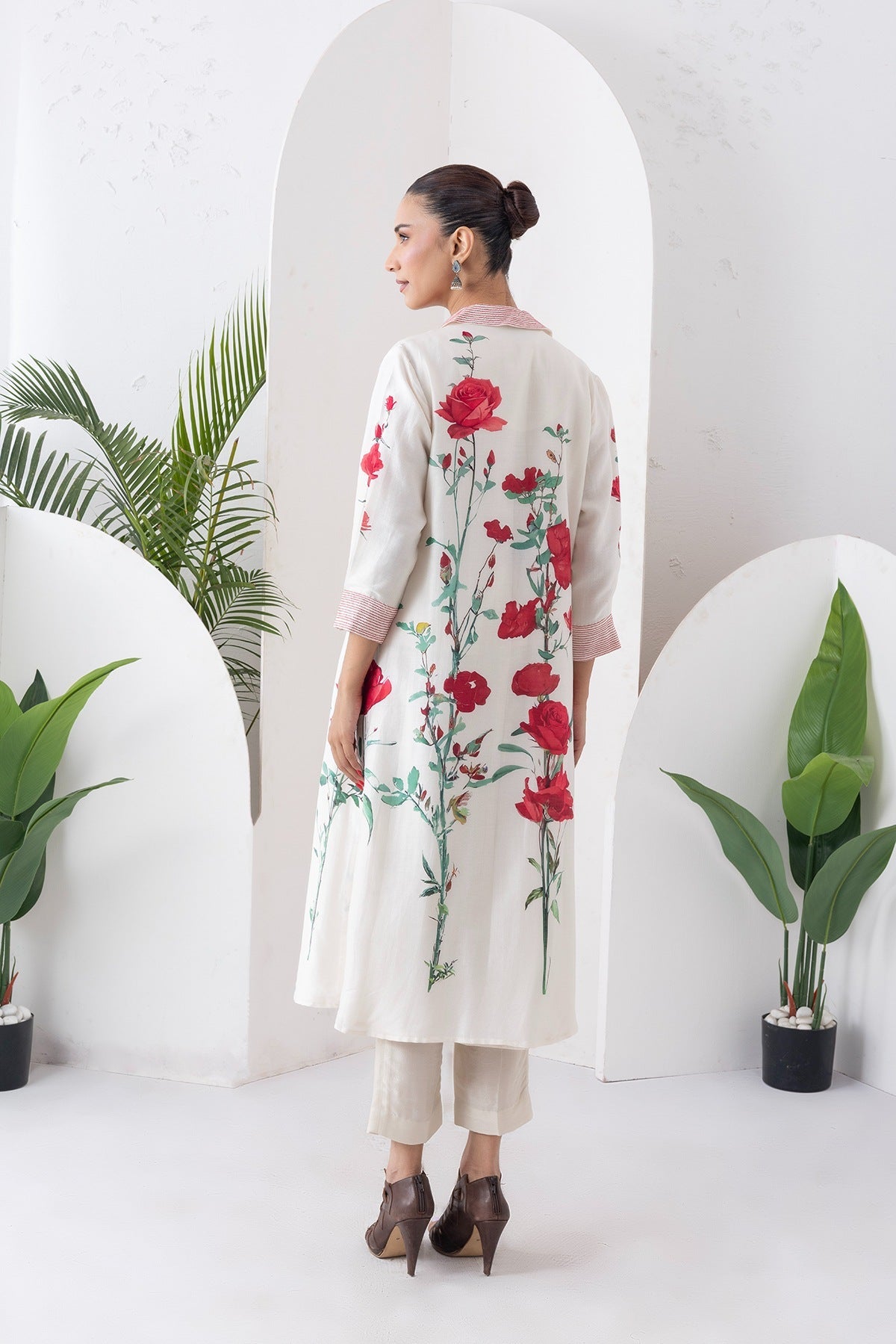 Ivory Silk Chanderi Front Open Printed Dress Set (3 PCS)