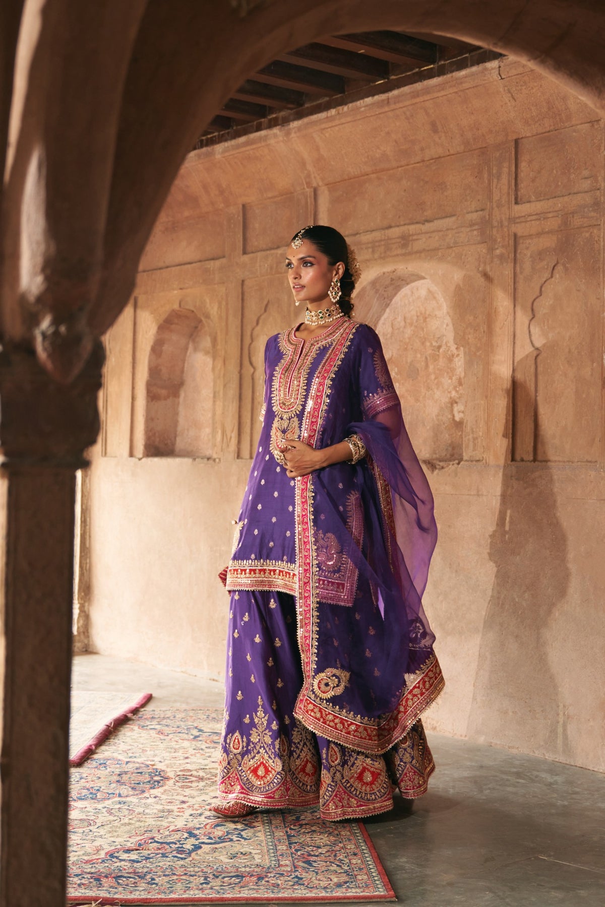 Deep Purple Banarasi Short Kurta Sharara Set with Dupatta