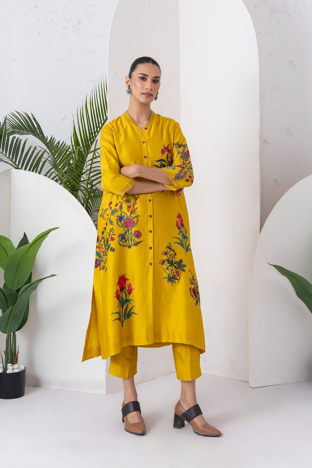 Yellow Silk Chanderi Floral Printed Front Open Dress Set (3 PCS)