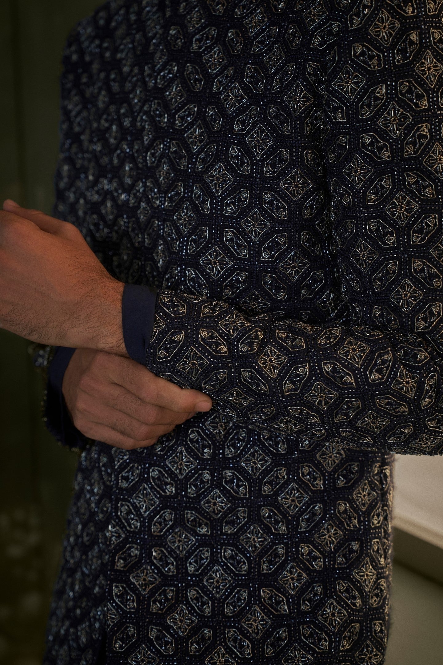 Navy Blue Raw Silk Embroidered Sherwani with Kurta & Churidar