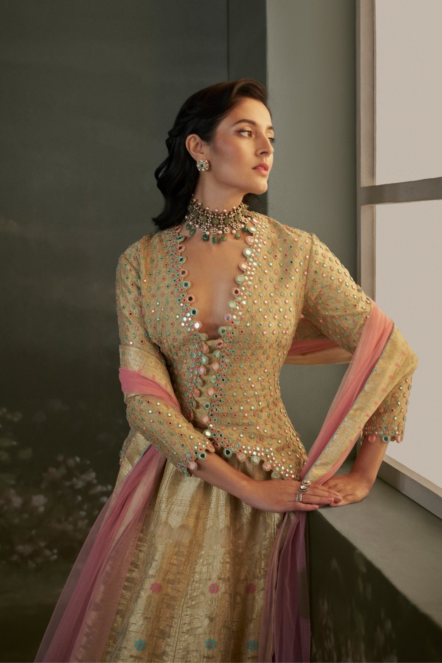 Gold Woven Banarasi Silk Lehenga with Jacket Blouse & Net Dupatta