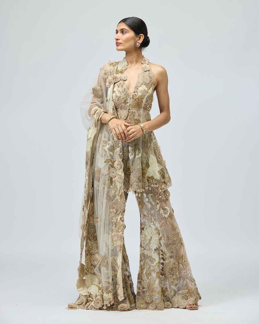 Gold Patchwork Sharara Set in Beige with 3D Floral Detailing
