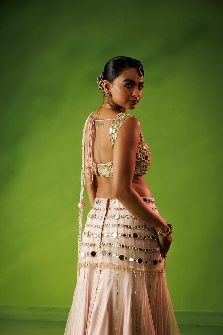 Baby pink mirror work saree set