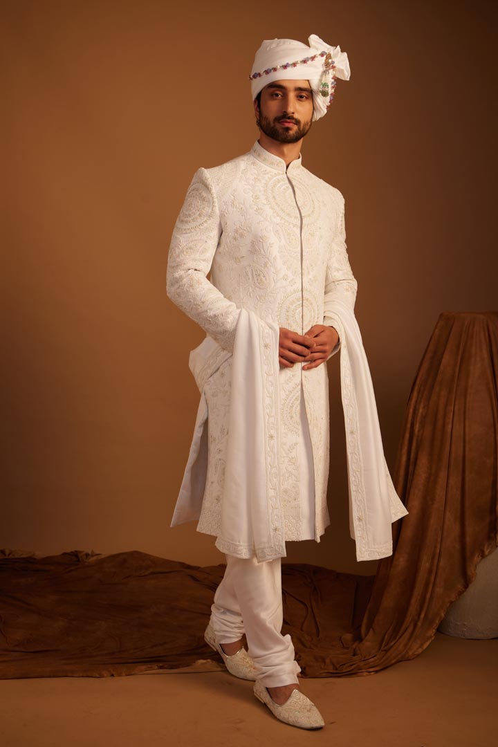 Image of White Peony Sherwani Set