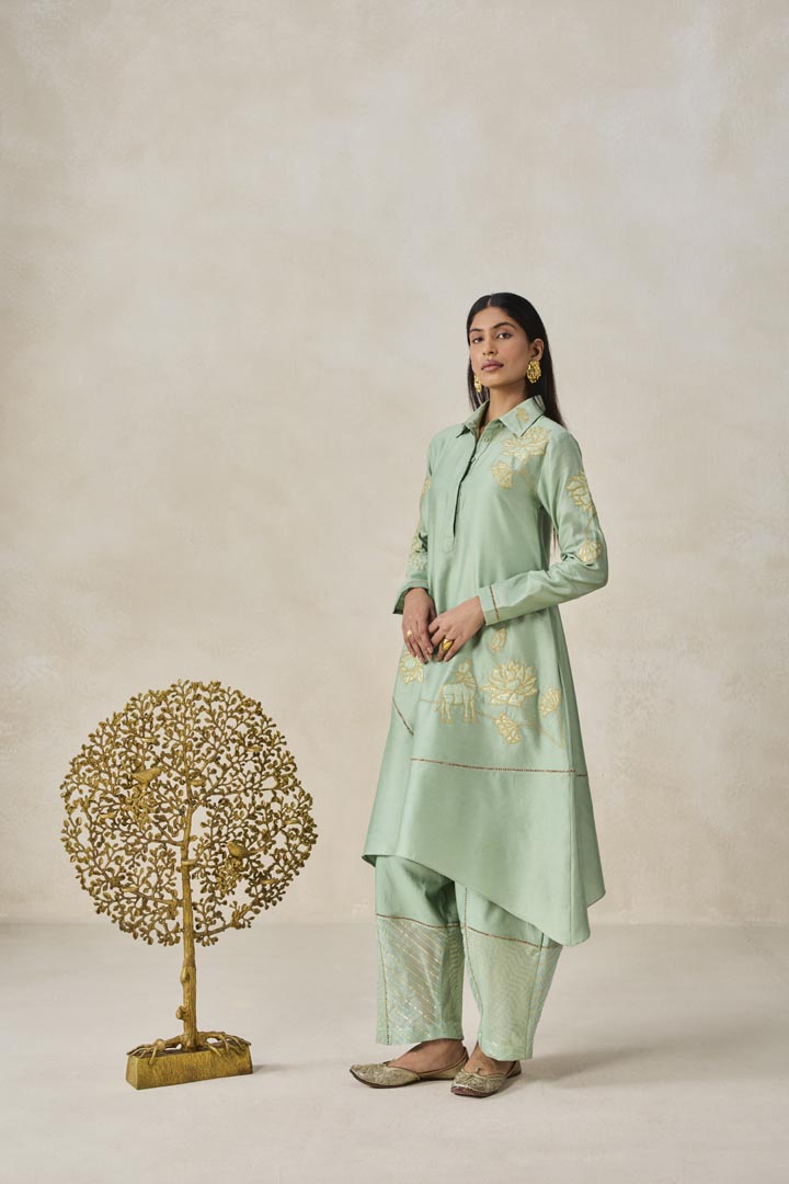 Sage Green Chanderi Asymmetrical Kurta Set for Festive Wear