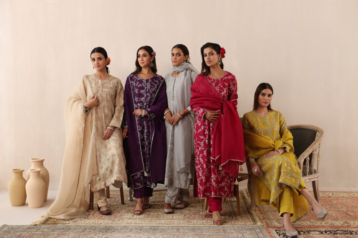 Light-Grey Hand-Embroidered Pure Silk-Organza Kurta-Pants Set