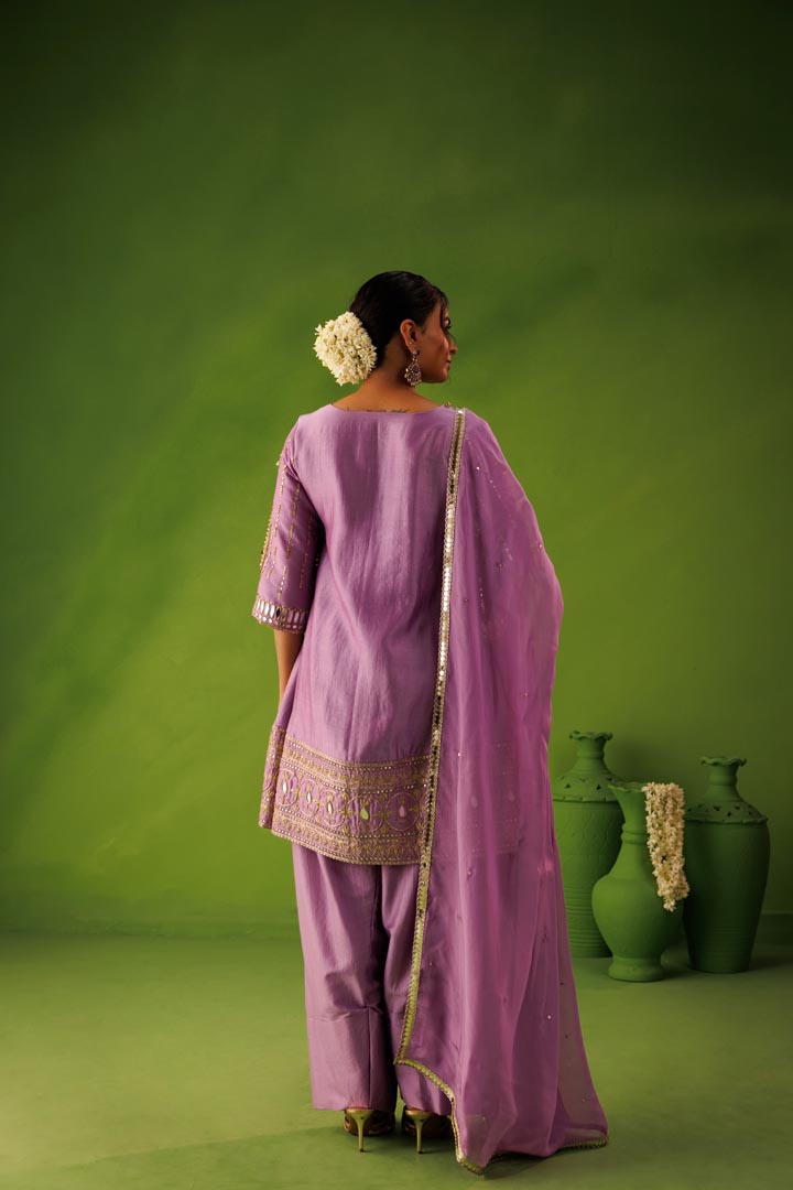 Purple A- line mirror work farshi salwar  set