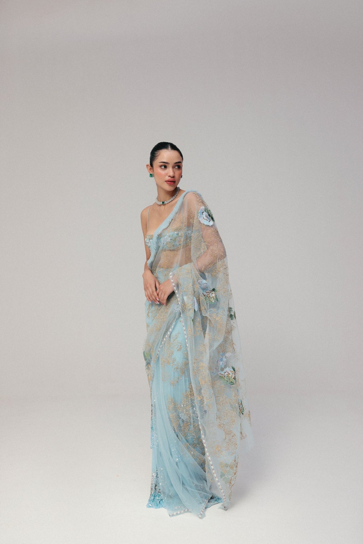 Floral & Zardosi Embroidery, Silk Georgette & Tulle with French Lace, Stitched Saree Set, Blouse Silhouette
