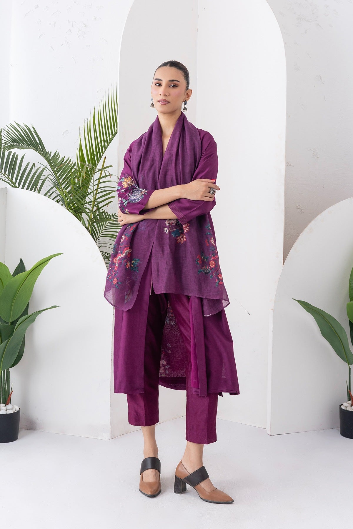 Wine Silk Chanderi Floral Printed Front Open Dress Set (3 PCS)
