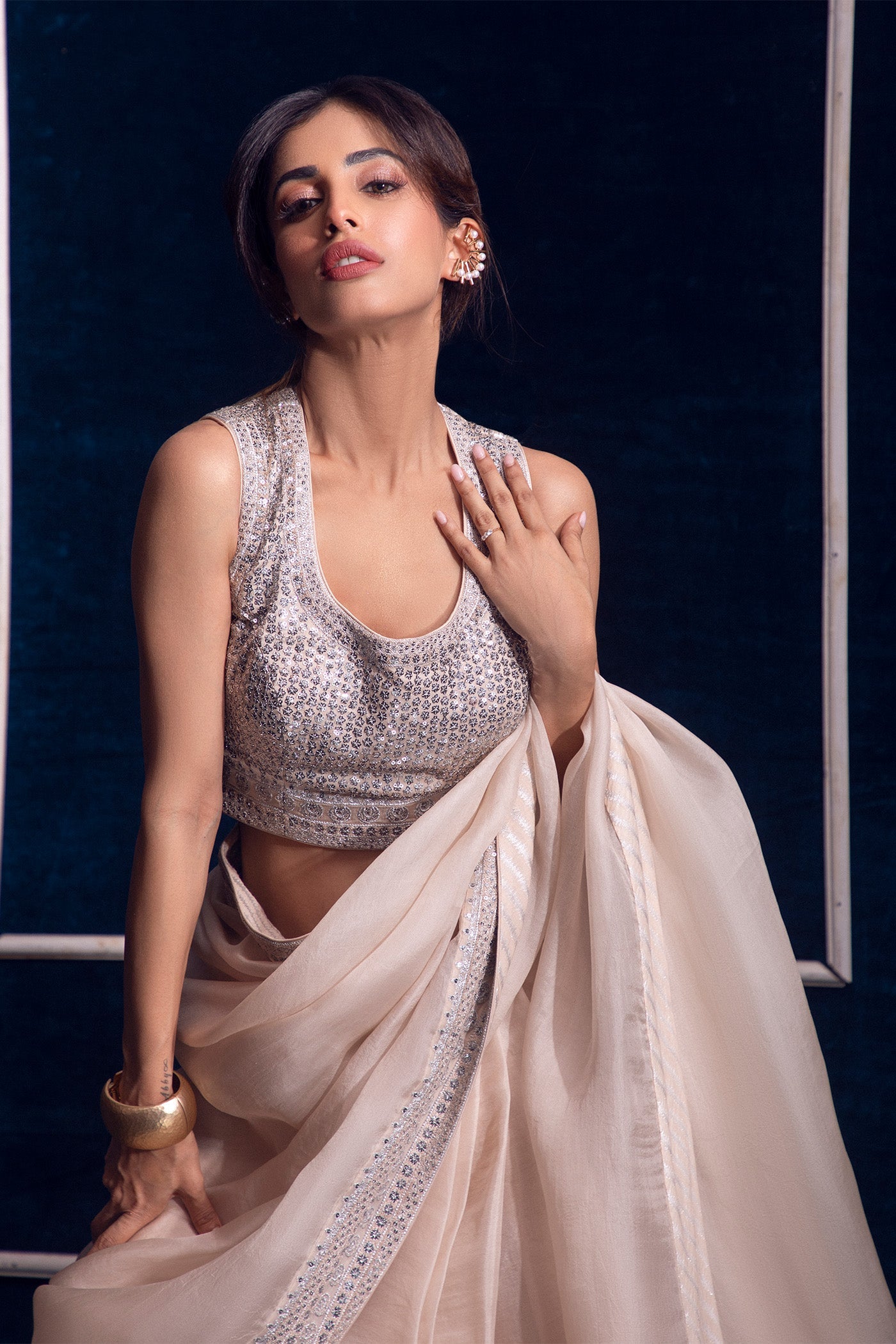 Priya Banerjee in Sand-Beige Embroidered Pure Silk-Organza Saree-Blouse Set