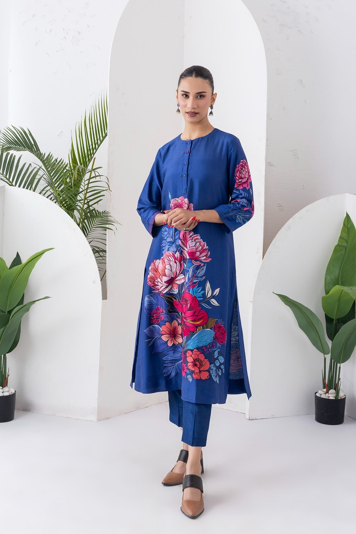 Cobalt Blue Silk Chanderi Printed Dress Set (2 PCS)