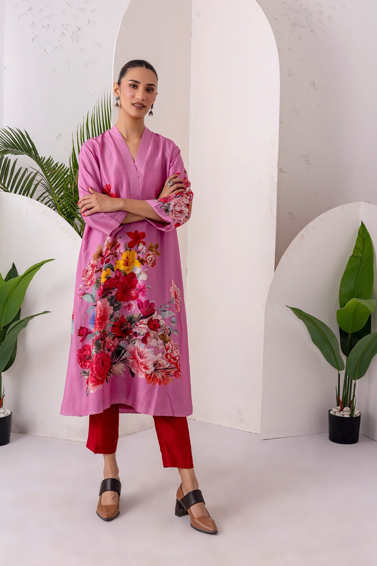 Salmon Pink Silk Chanderi Printed Tunic Set (2 PCS)