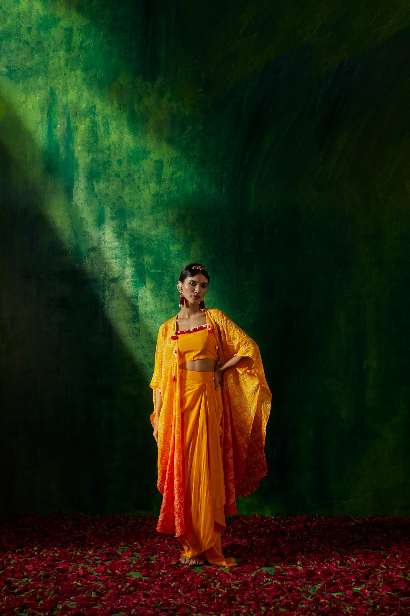 Bandhni cape set with drape skirt