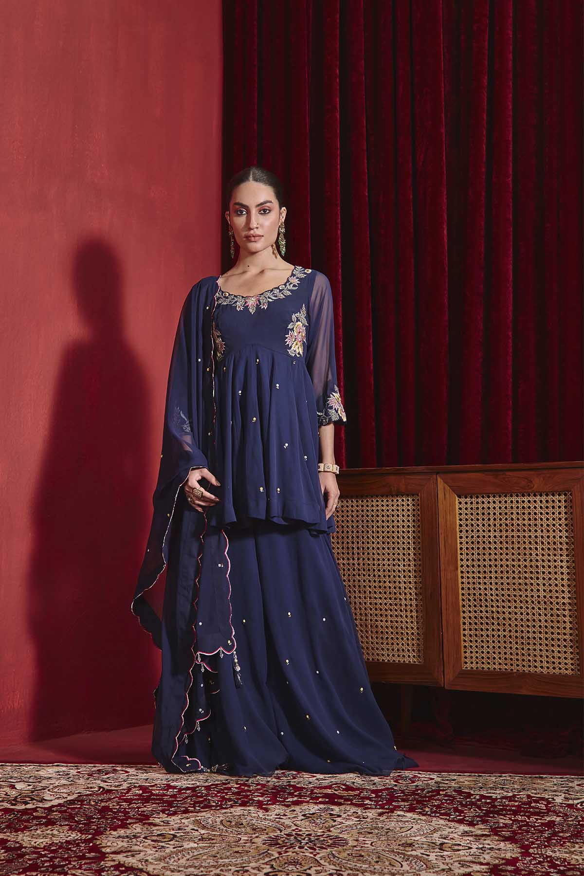 Navy Blue Embroidered Peplum Kurta with Sharara & Organza Dupatta