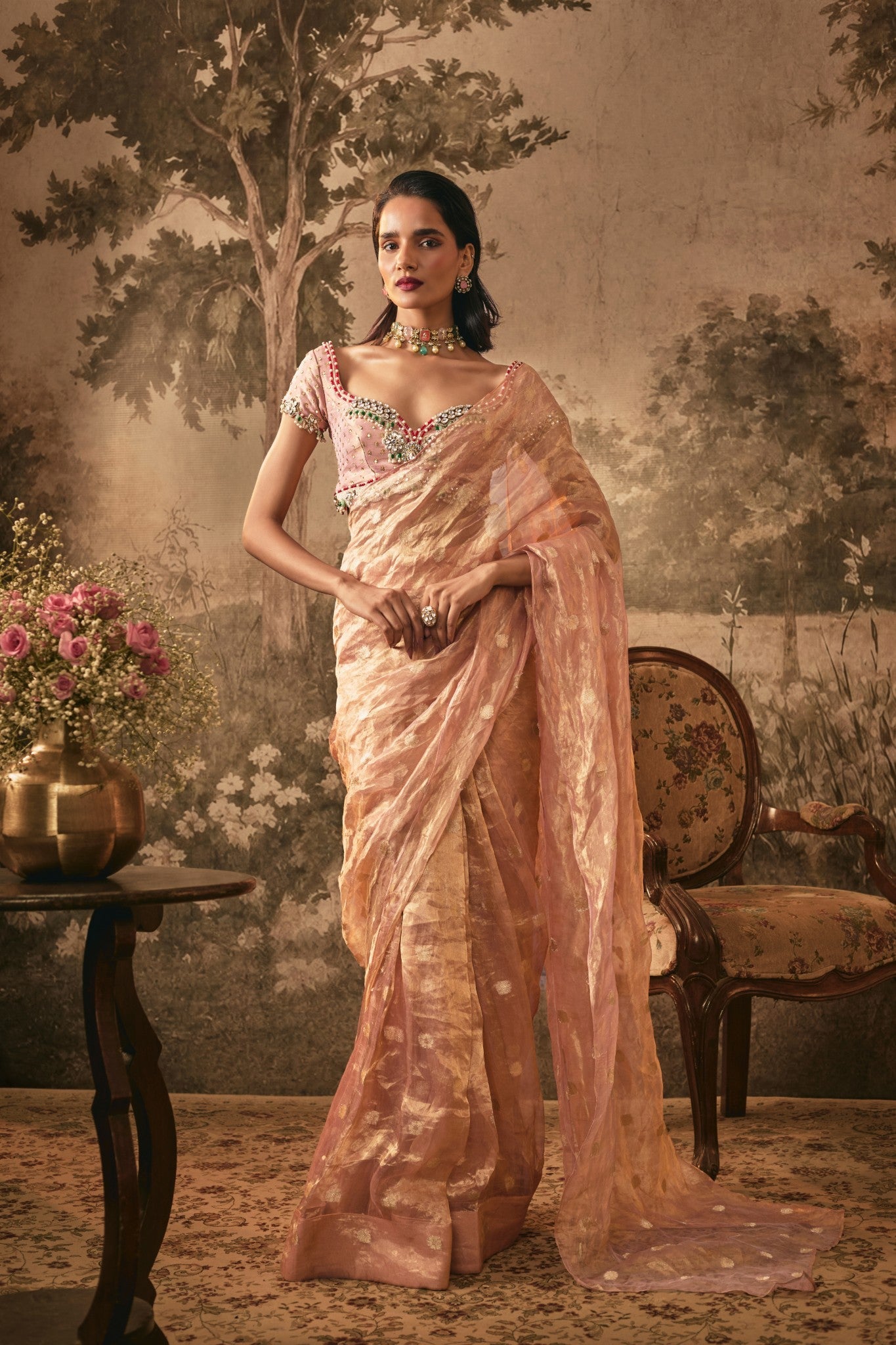 BLUSH PINK TISSUE SILK PRE-DRAPED SAREE