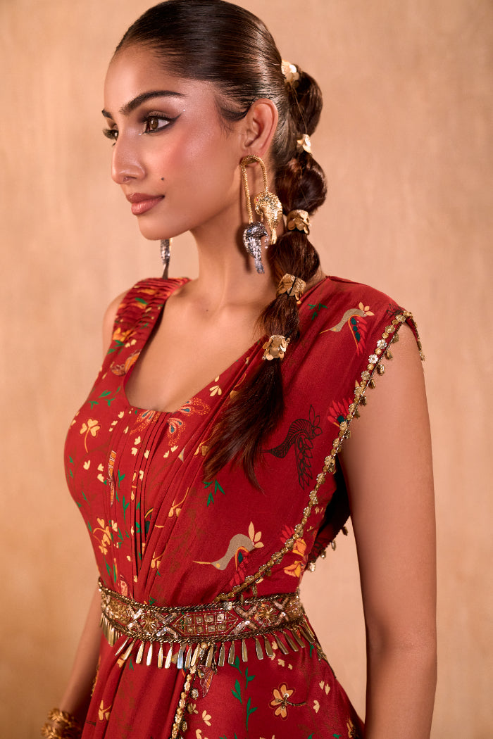 RED PRINT EMBROIDERED JUMPSUIT WITH DRAPE AND BELT SET - image 7