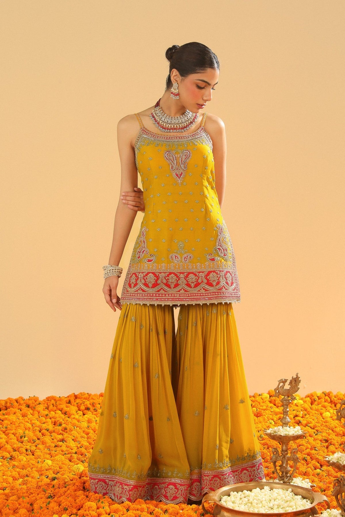 Mehan - Mustard Short Kurta with Garara and Dupatta