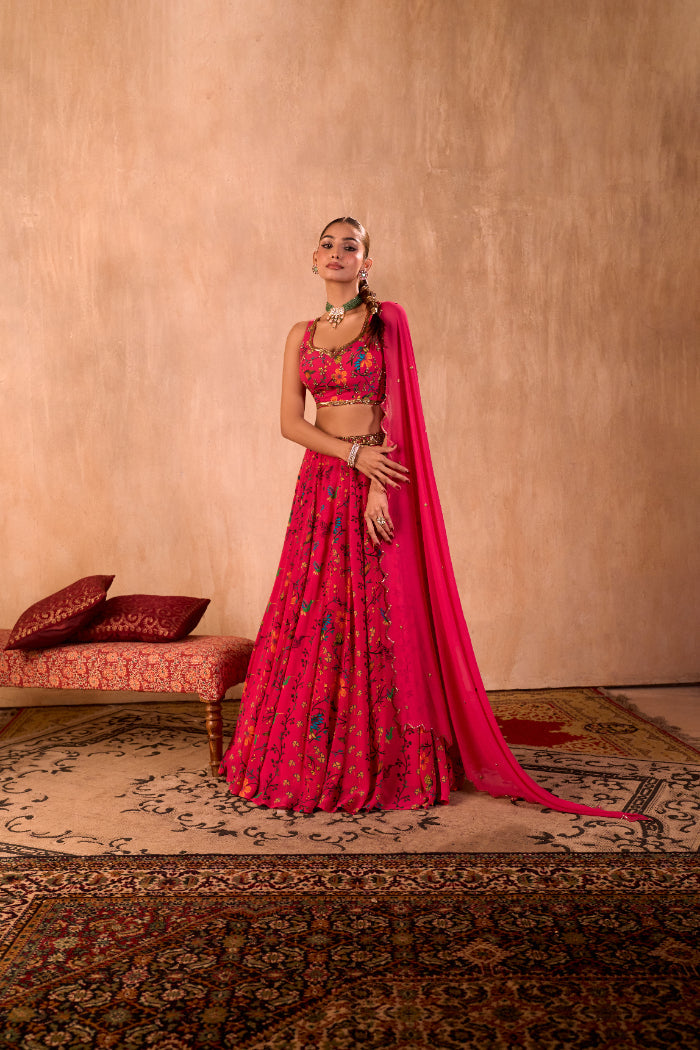 PINK PRINT EMBROIDERED CHOLI, LEHENGA AND DUPATTA SET - image 7