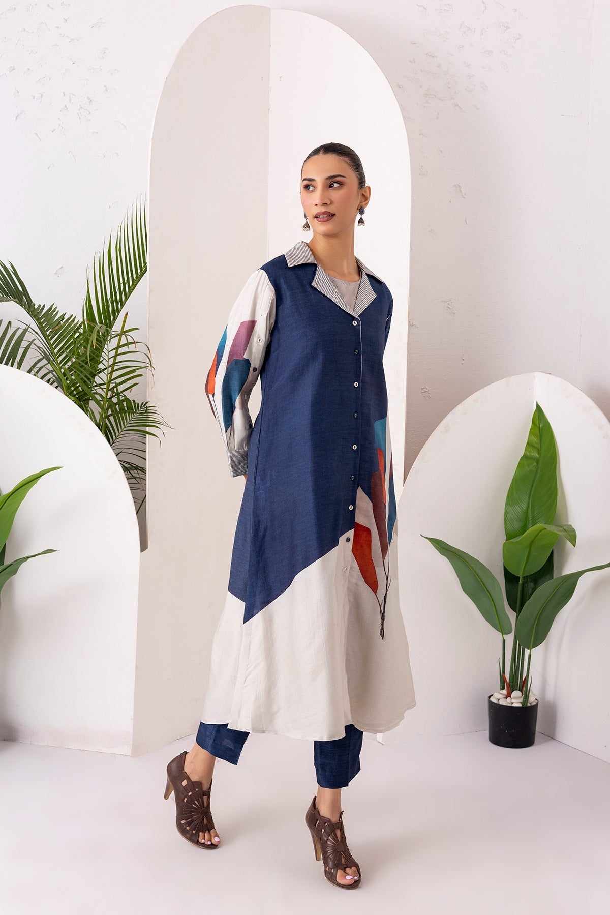 Blue & Ivory Silk Chanderi Printed Front Open Dress Set (3 PCS)