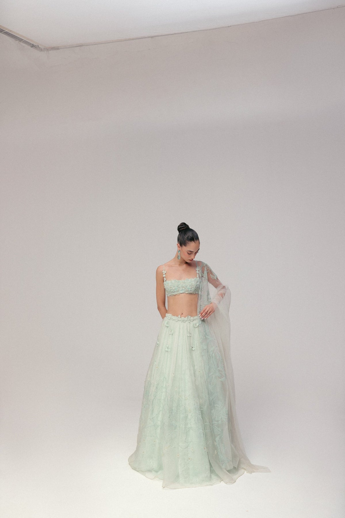 Beaded Floral Embroidery, Tulle & Silk Organza with Lace, Skirt Set, Underwired Blouse Silhouette