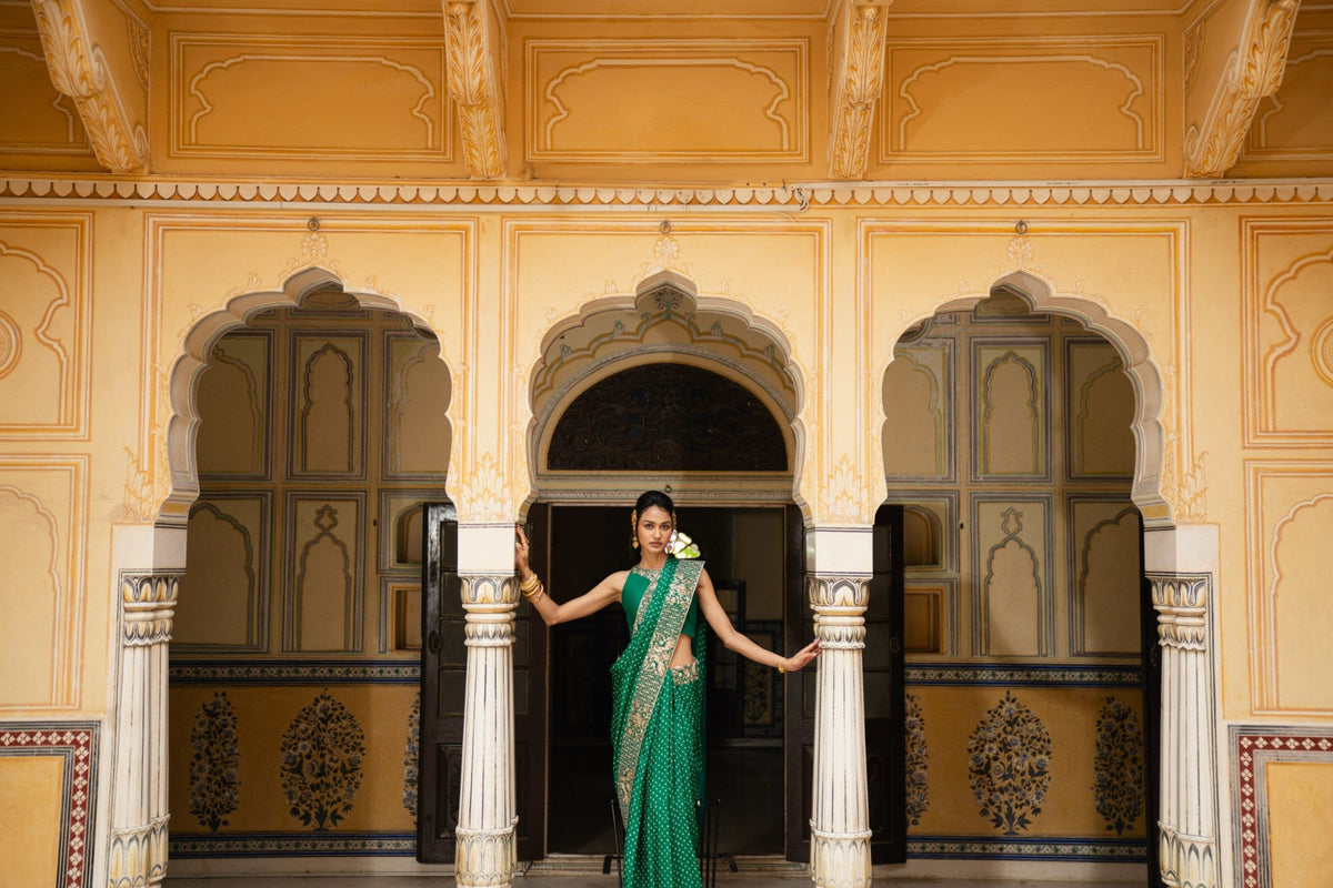 Peacock and lotus bandhni saree