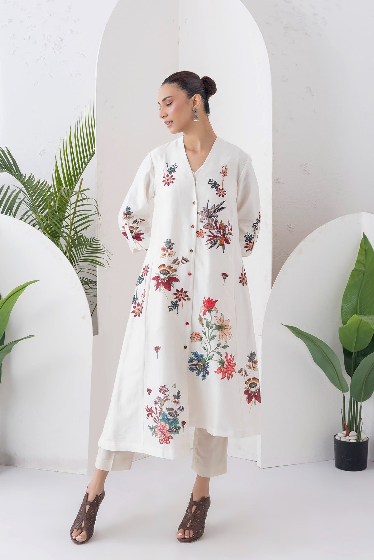 Ivory Silk Chanderi Printed High-Low Dress Set (3 PCS)